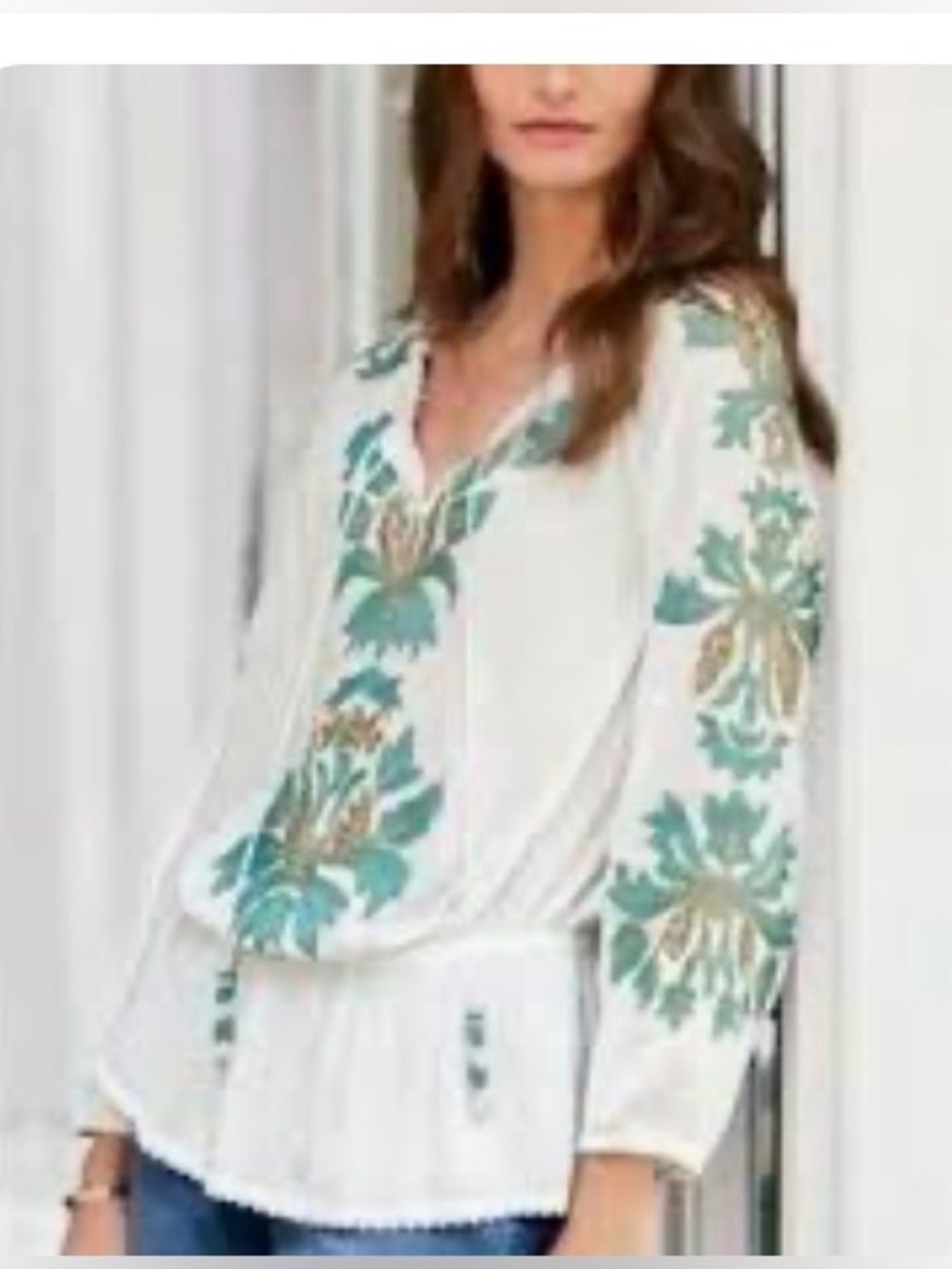 Soft Surroundings M white-teal embroidered cottagecore beaded tassel peasant top